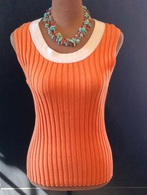 Kenar Orange Ribbed Knit Sleeveless Top White Contrast Scoop Neck Tank Size S